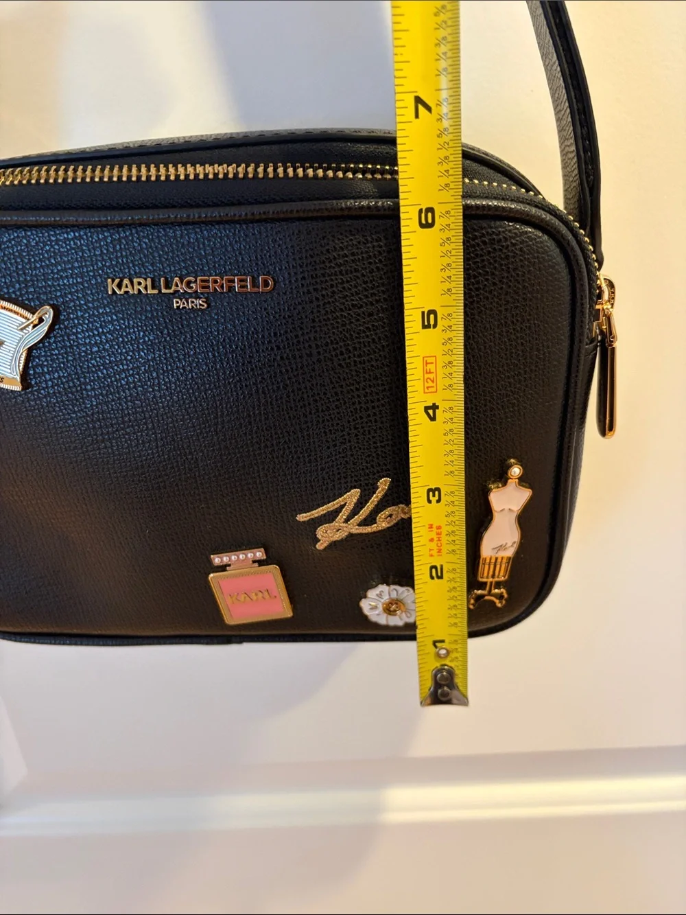 Karl Lagerfeld Black Crossbody Camera Bag with Gold & Pink Charm Accents